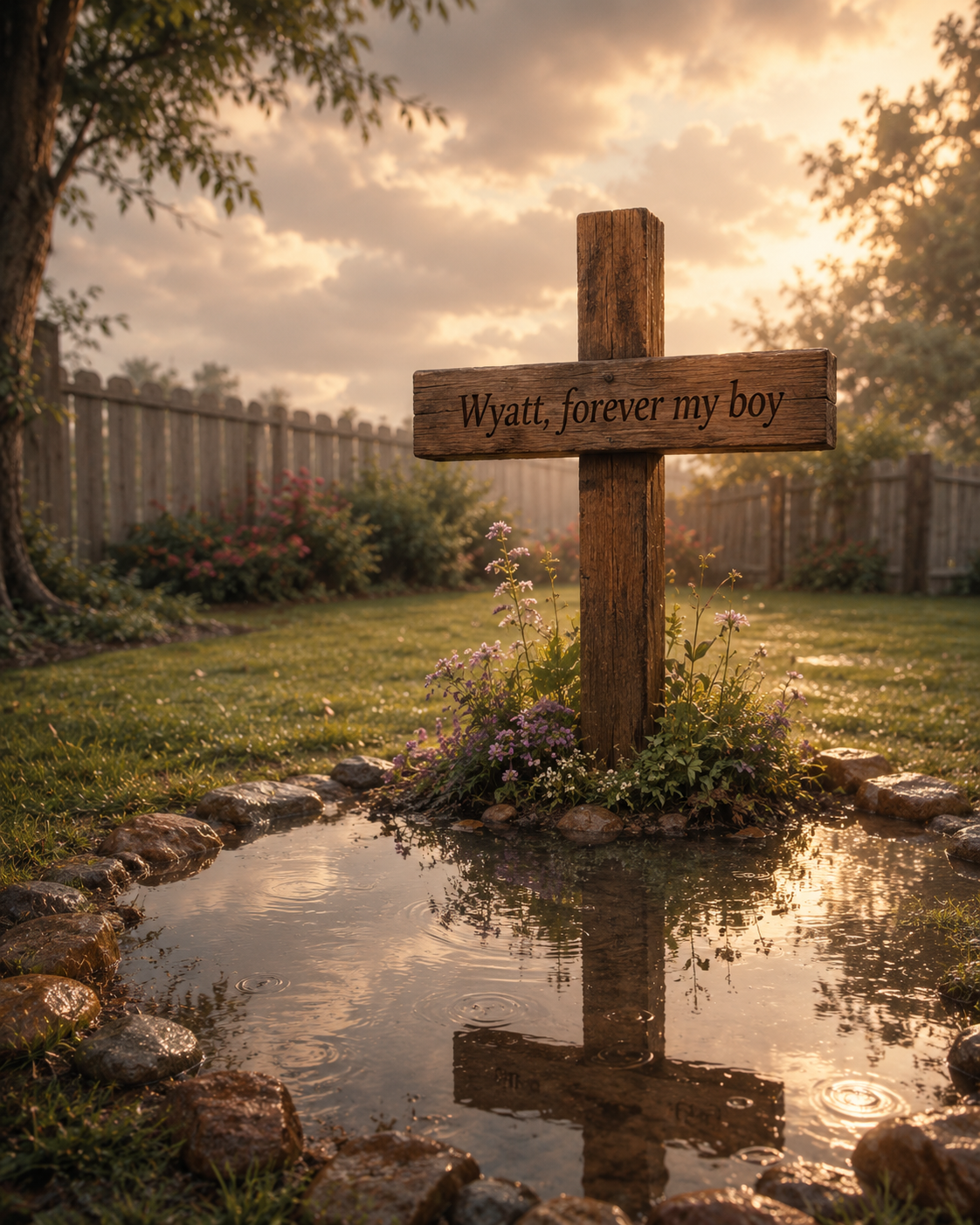 A peaceful Lake Wyatt memorial cross reflected in a small pond.